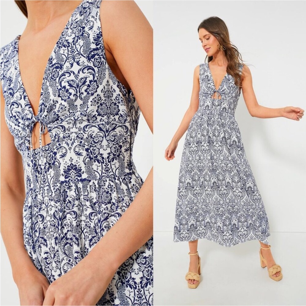 Hyacinth House Toula V-Neck Midi Dress in Blue and White scroll Print L